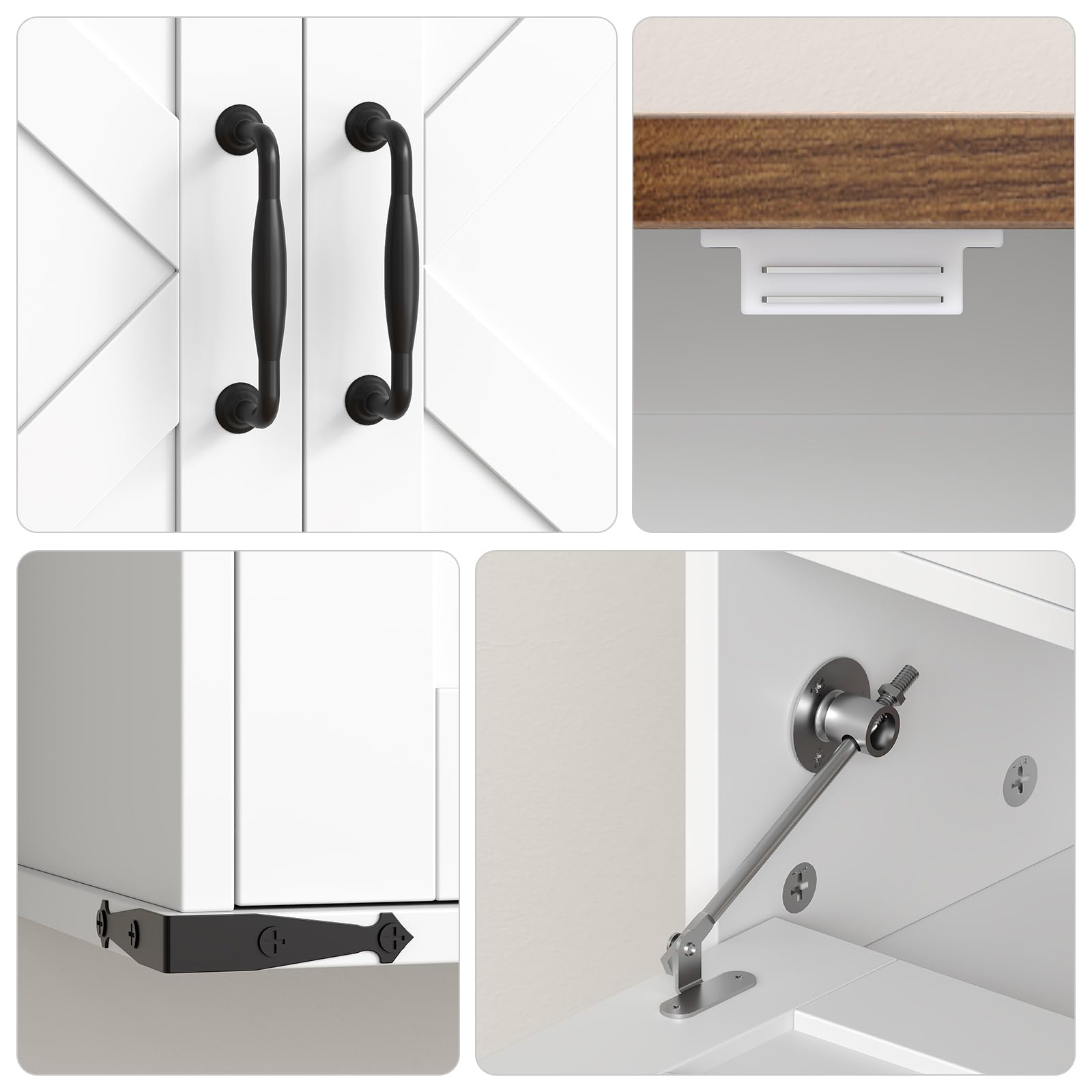 Collage of cabinet hardware including handles, hinges, and a latch on a white background.