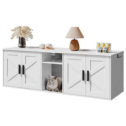 HOOBRO White Wooden Concealed Double-Layer Litter Box Cabinet with Aisle & Storage Shelves & Hooks