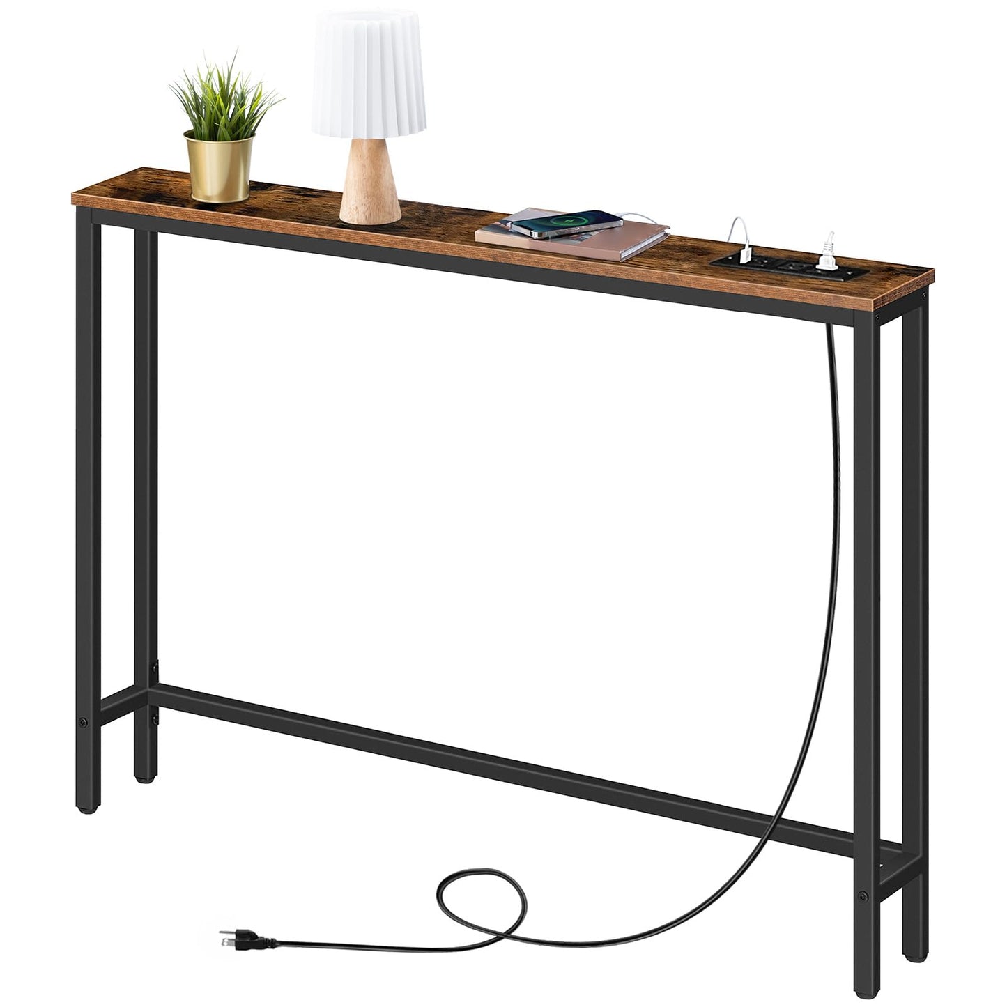HOOBRO Retro Brown 39.4-inch Narrow Console Table with Power Outlet & Charging Station