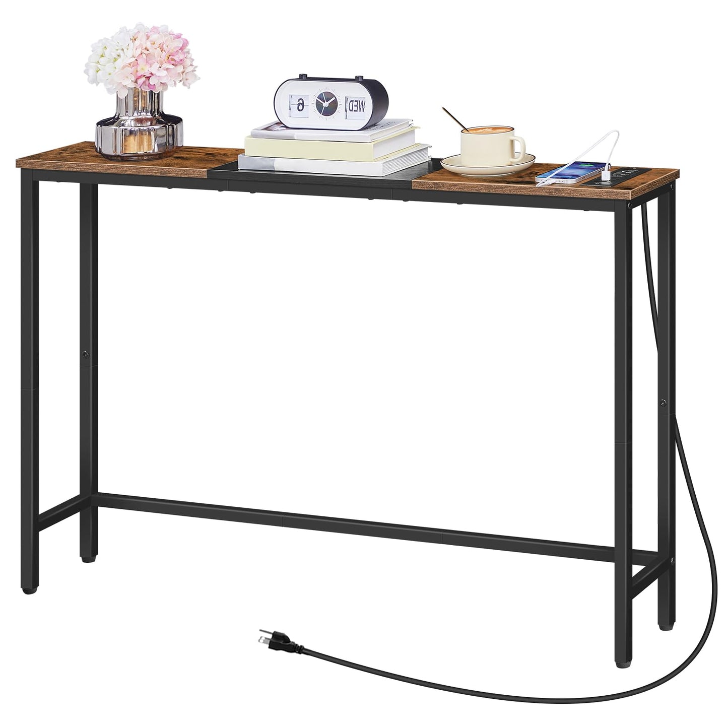 HOOBRO Retro Brown 44.9-inch Narrow Sofa Side Table with Power Outlet