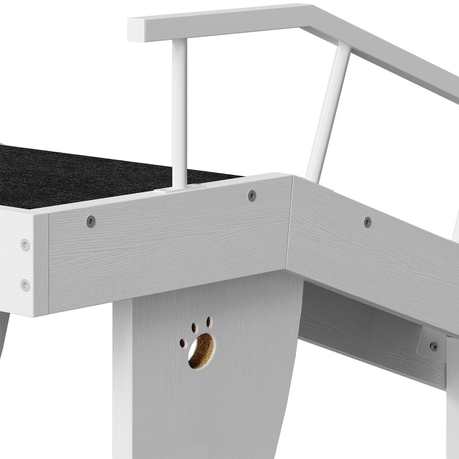 Corner of a white desk with a black surface on a white background