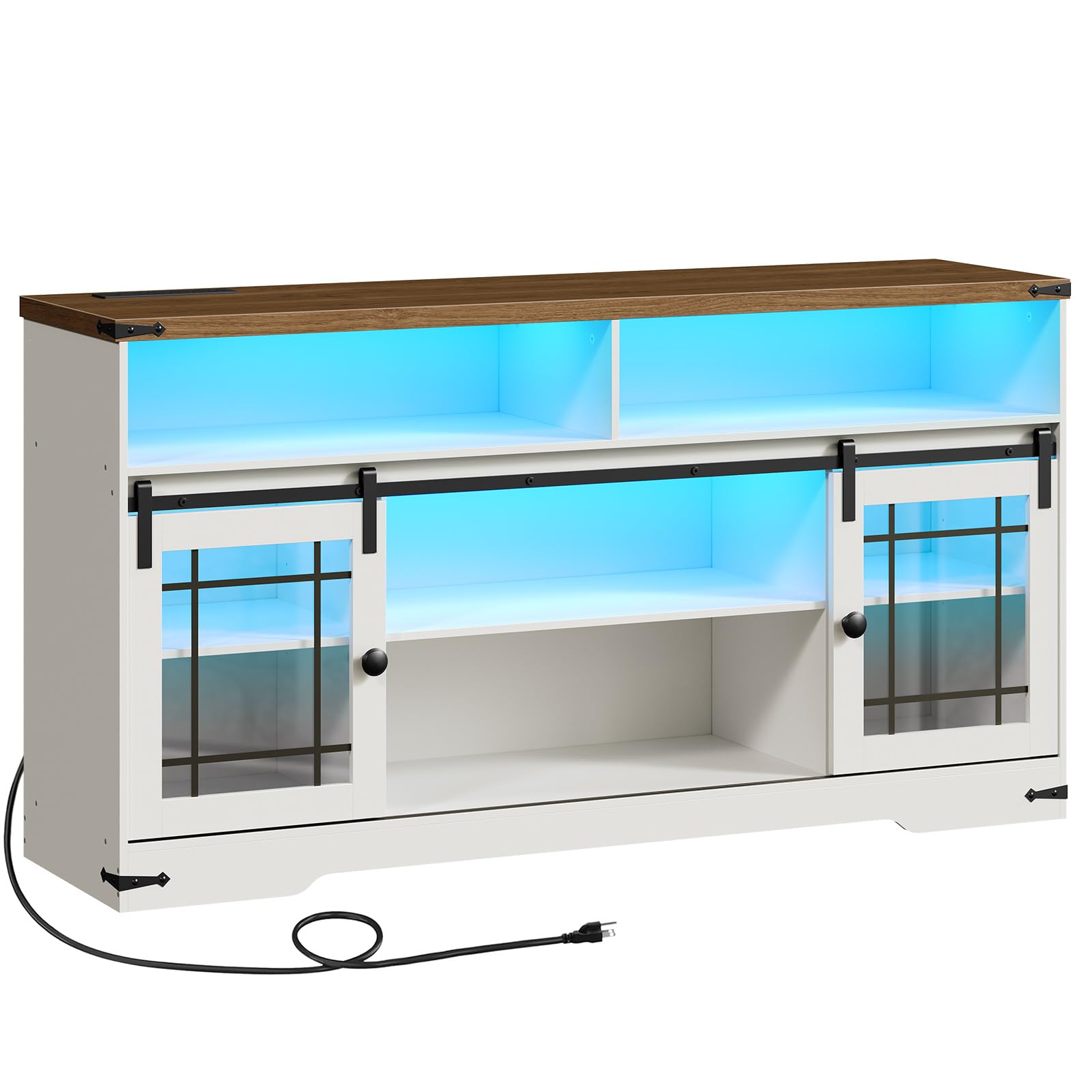 White aquarium stand with wooden top and glass panels on a white background