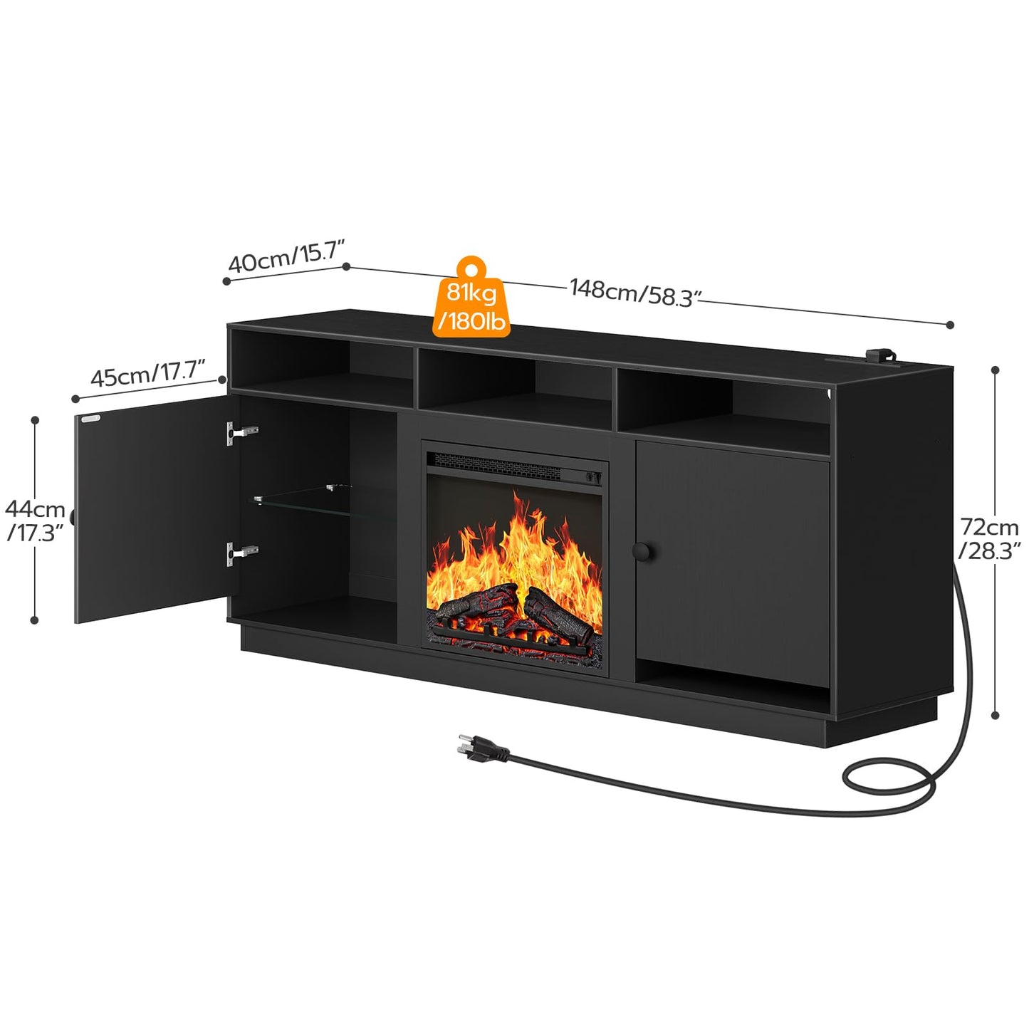 HOOBRO Black Electric Fireplace TV Stand with Charging Station & LED Light Strip & Adjustable Glass Shelf