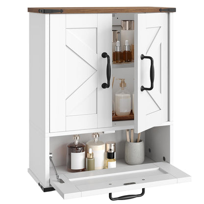 White storage cabinet with open doors displaying various items on a white background