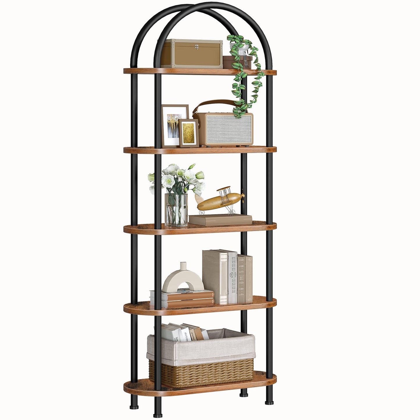 HOOBRO Retro Brown Wood Five-Tier Open Industrial Style Arched Bookshelf Display Rack