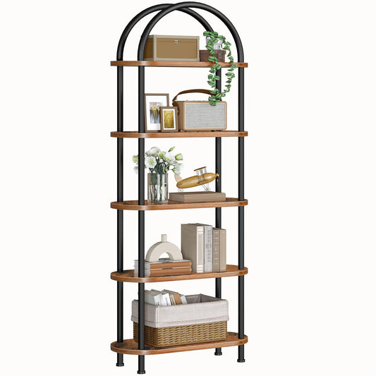 HOOBRO Retro Brown Wood Five-Tier Open Industrial Style Arched Bookshelf Display Rack