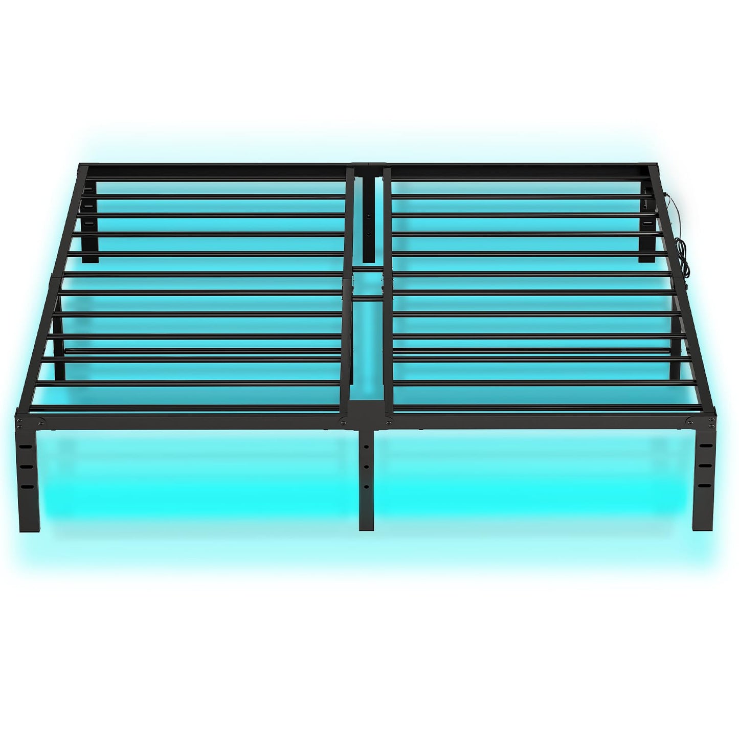 Black metal bed frame with glowing blue bars on a white background