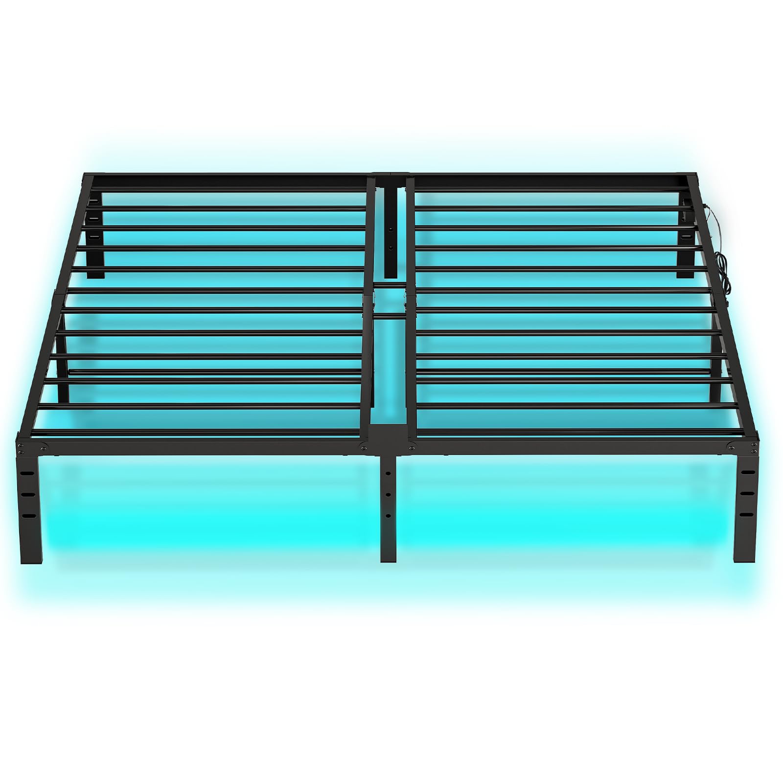 Black metal bed frame with glowing blue bars on a white background