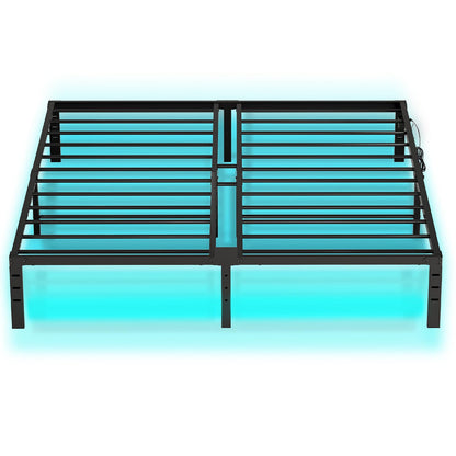 Black metal bed frame with glowing blue bars on a white background