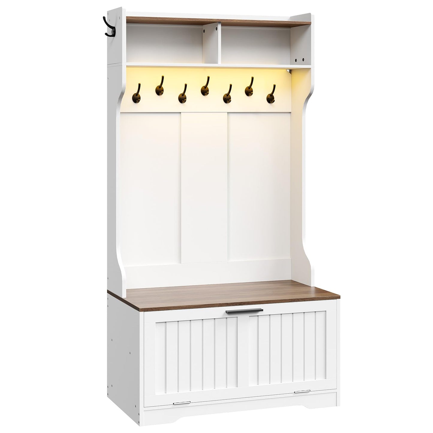 White and wood shoe cabinet with hooks and storage space on a white background