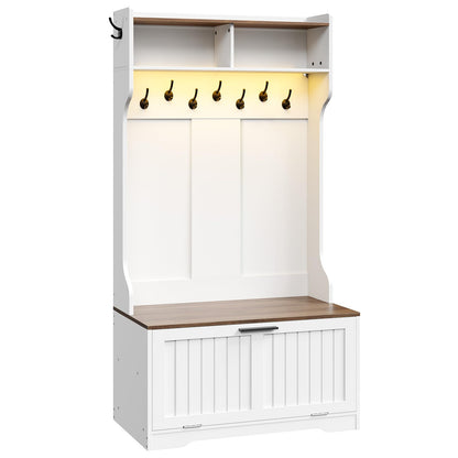 White and wood shoe cabinet with hooks and storage space on a white background
