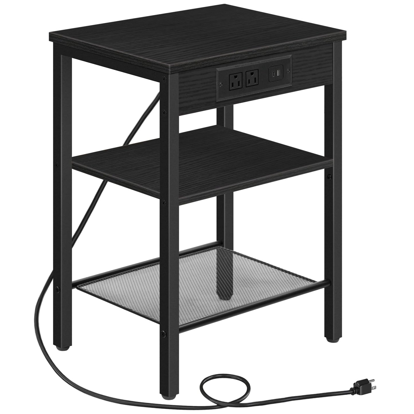 HOOBRO Black Triple-Shelf Adjustable Compact Side Table with Charging Station & USB Port