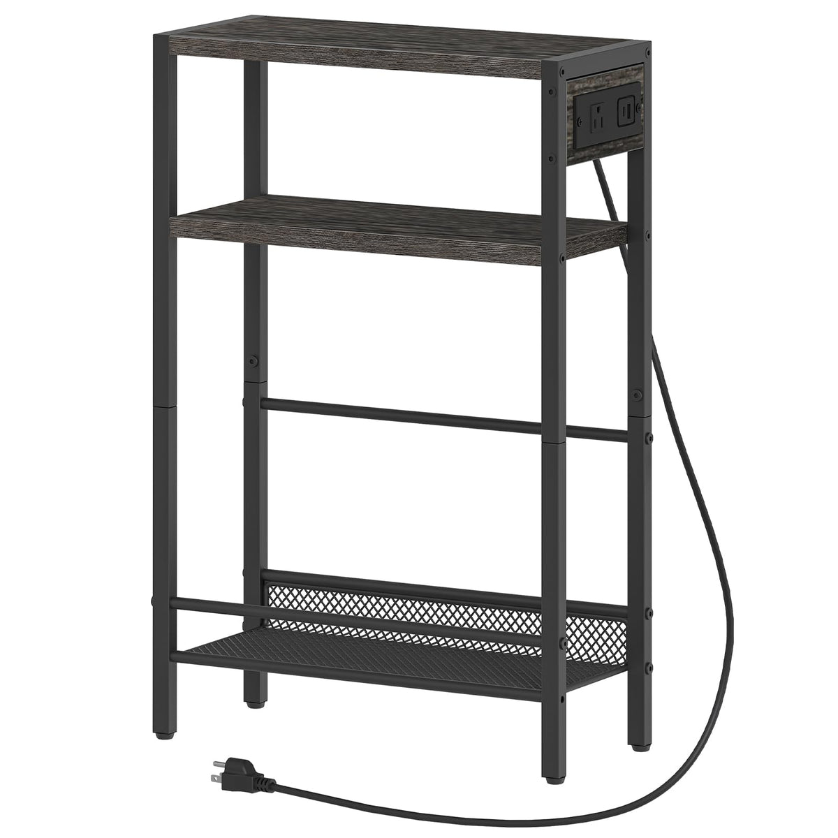 HOOBRO Small Narrow Side Table with Charging Station, Skinny End Table for Small Spaces, Slim Nightstand with USB Ports Outlet, Sofa Beside Table with Storage Shelf, Charcoal Black BC102UBZ01