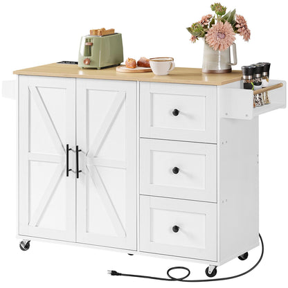 HOOBRO White Portable Kitchen Island with Power Outlet & Adjustable Shelves