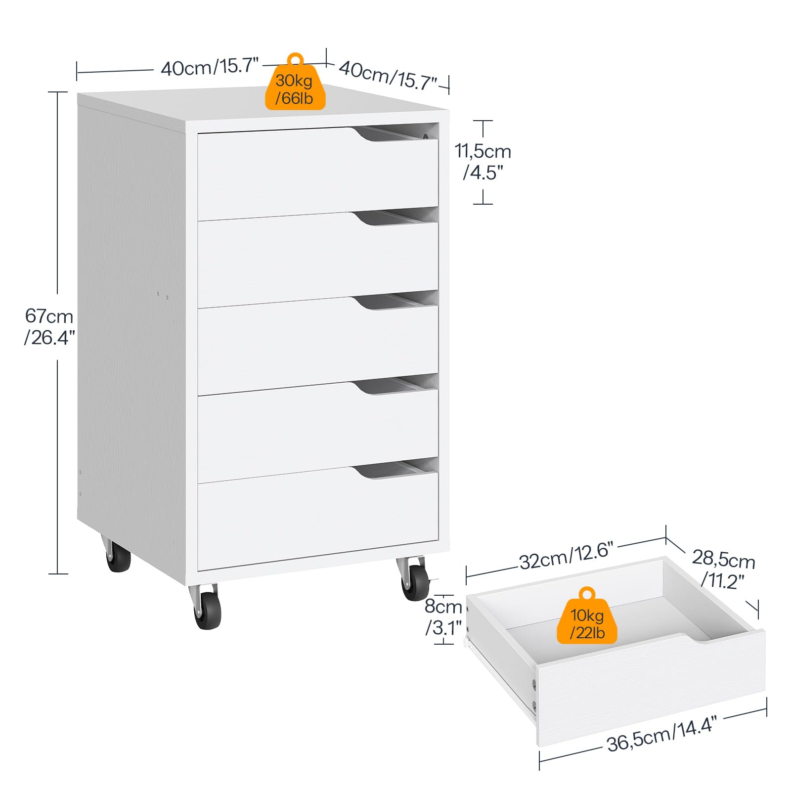 White storage cabinet with dimensions and weight indicators on a white background