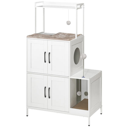 White pet playhouse with wooden platforms and cylindrical perches on a white background