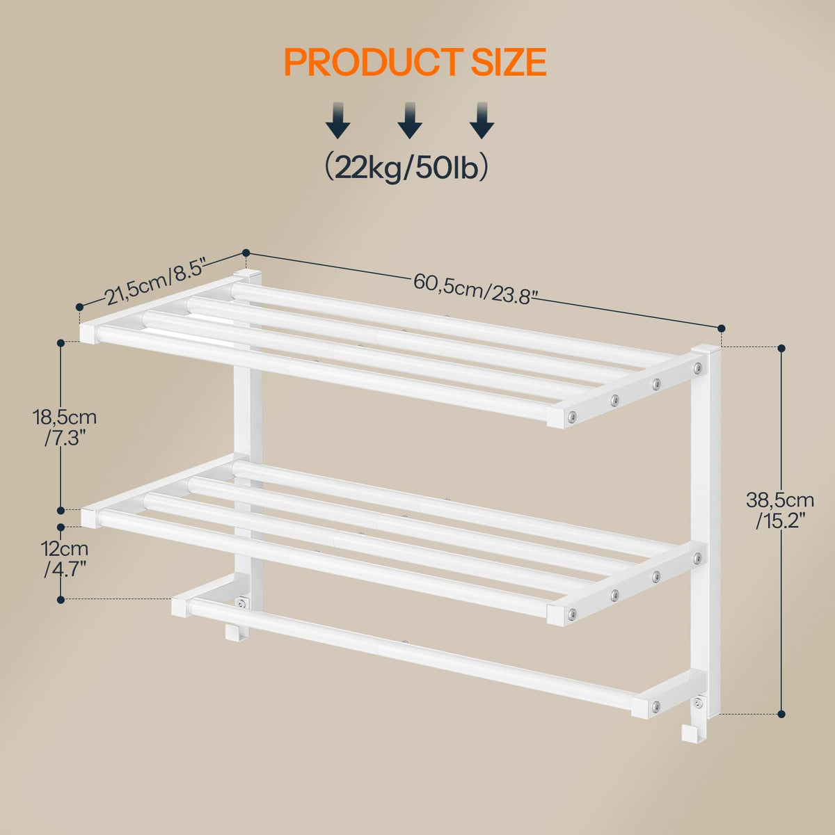 HOOBRO 23.8" Towel Rack for Bathroom, 3 Tier Towel Shelf with Tower Bars, Bathroom Storage Organizer for Towels and Toiletries, Towel Holder Wall Mounted with 2 Hooks, White WT08LB01