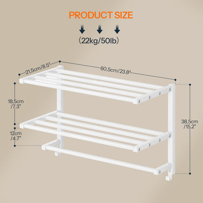 HOOBRO 23.8" Towel Rack for Bathroom, 3 Tier Towel Shelf with Tower Bars, Bathroom Storage Organizer for Towels and Toiletries, Towel Holder Wall Mounted with 2 Hooks, White WT08LB01