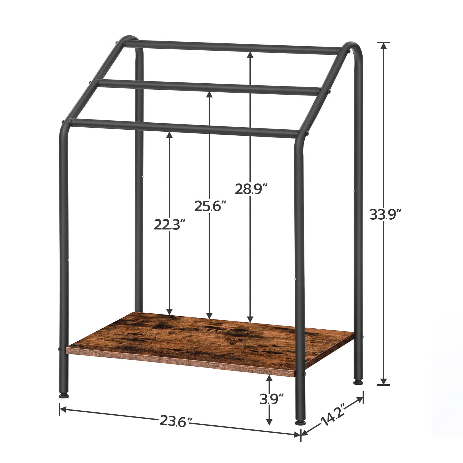 Measurement chart of a metal frame with wooden shelf on a white background
