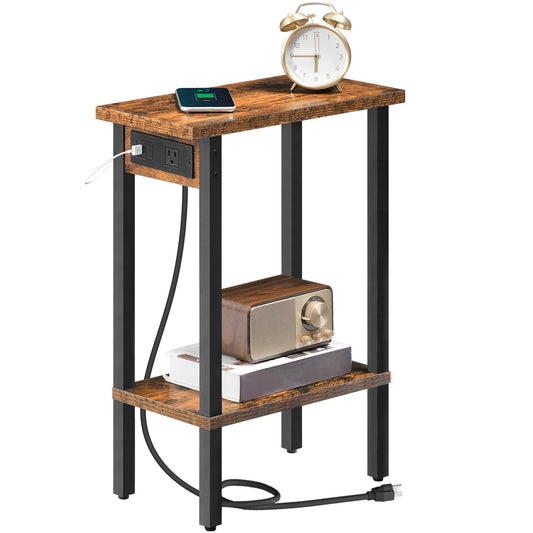 HOOBRO Narrow Side Table, 2-Tier Slim End Table with Charging Station, Skinny Nightstand with Open Storage, for Small Spaces, Living Room, Bedroom, Study, Rustic Brown and Black BF240UBZ01