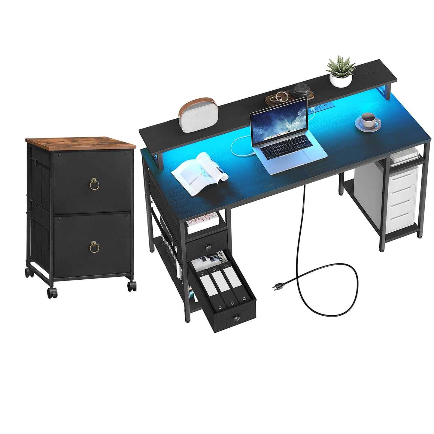 HOOBRO 55-inch Double Drawer Mobile Filing Cabinet and Computer Desk with Power Outlet & LED Light Strip Set & 2 Fabric Drawers