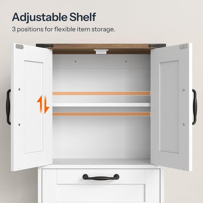 Cabinet with adjustable shelf showing three positions for flexible storage.
