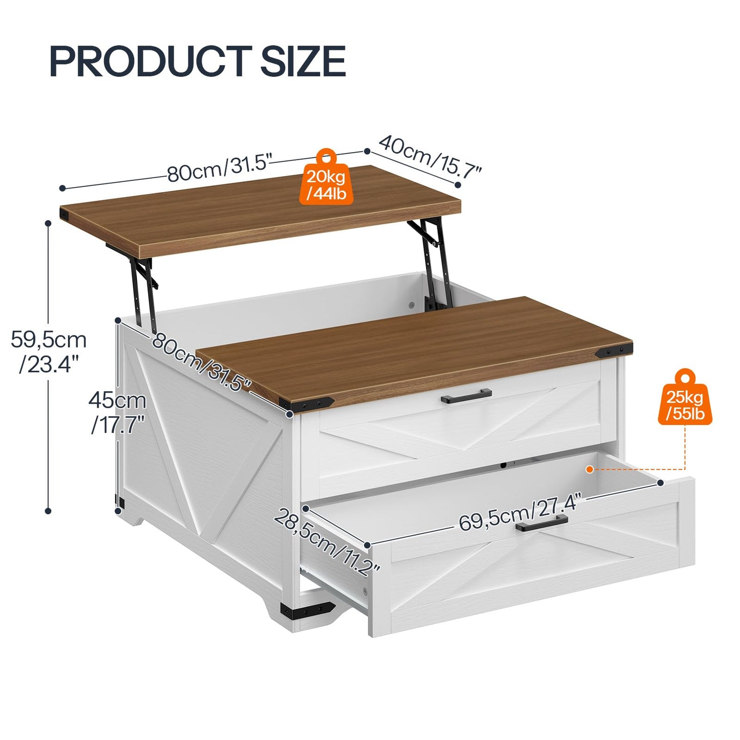 Dimensions of a white storage bench with wooden top and drawers on a white background