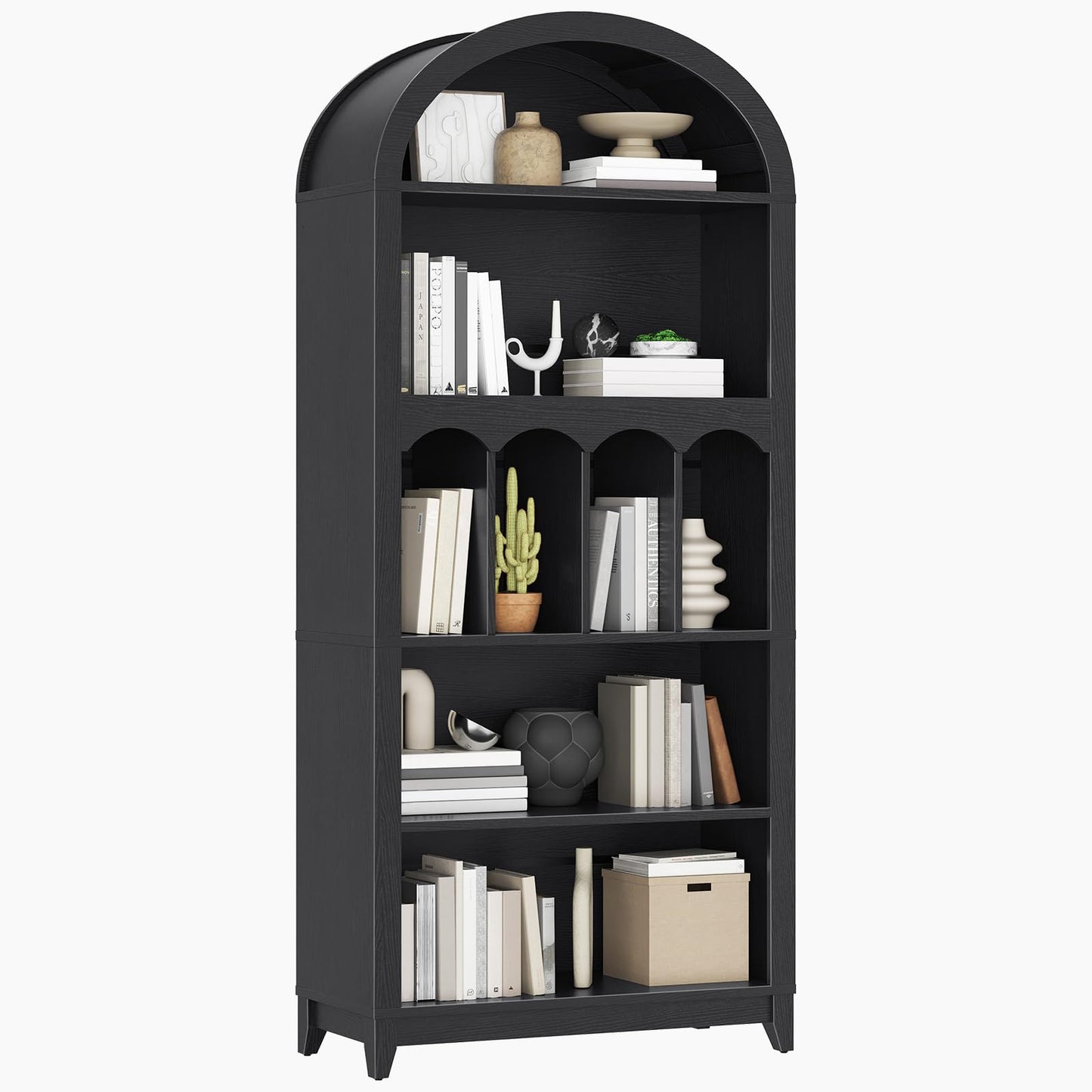 HOOBRO Black 70.9-inch 5-Tier High Arched Bookshelf with Open Shelf Style & Storage