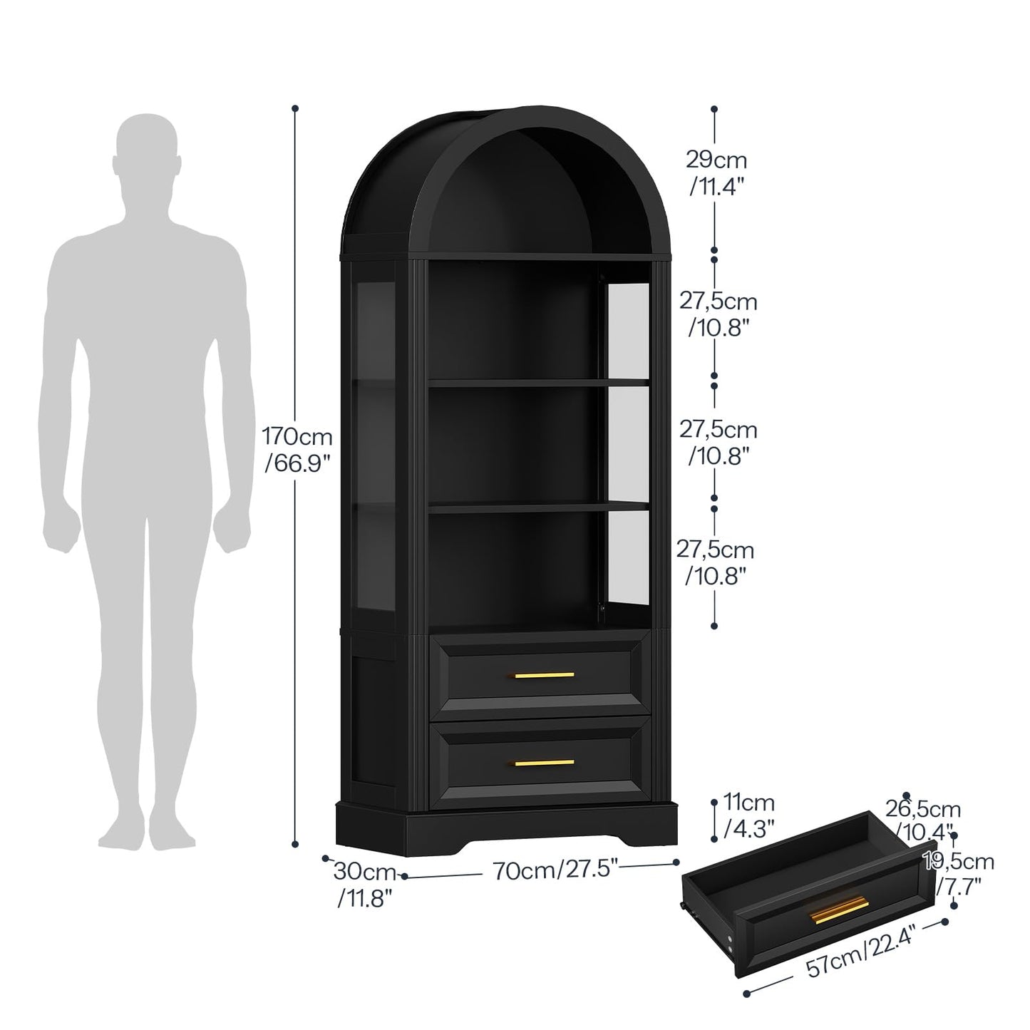 Black bookshelf with dimensions indicated on a white background