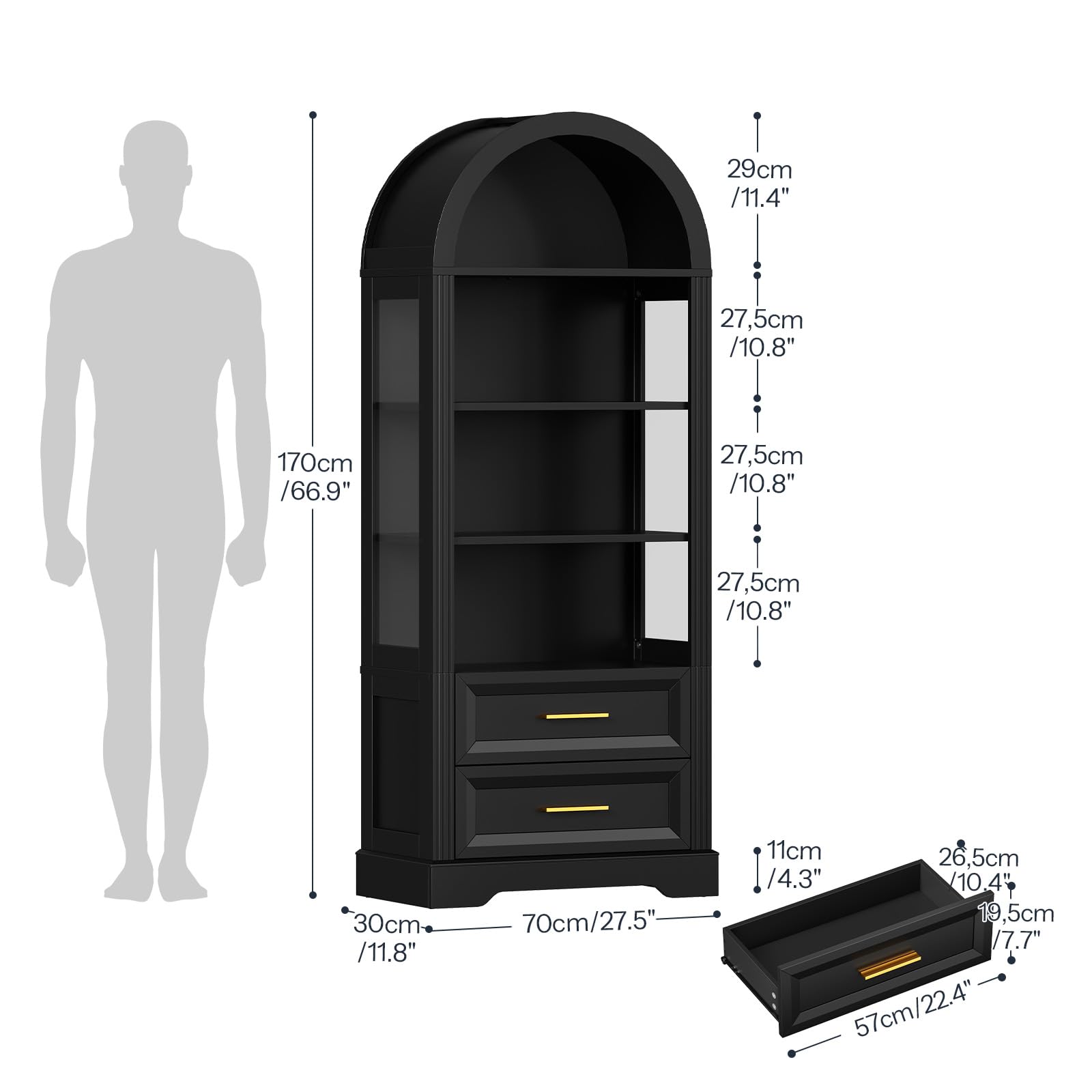 Black bookshelf with dimensions indicated on a white background