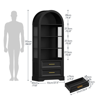 Black bookshelf with dimensions indicated on a white background