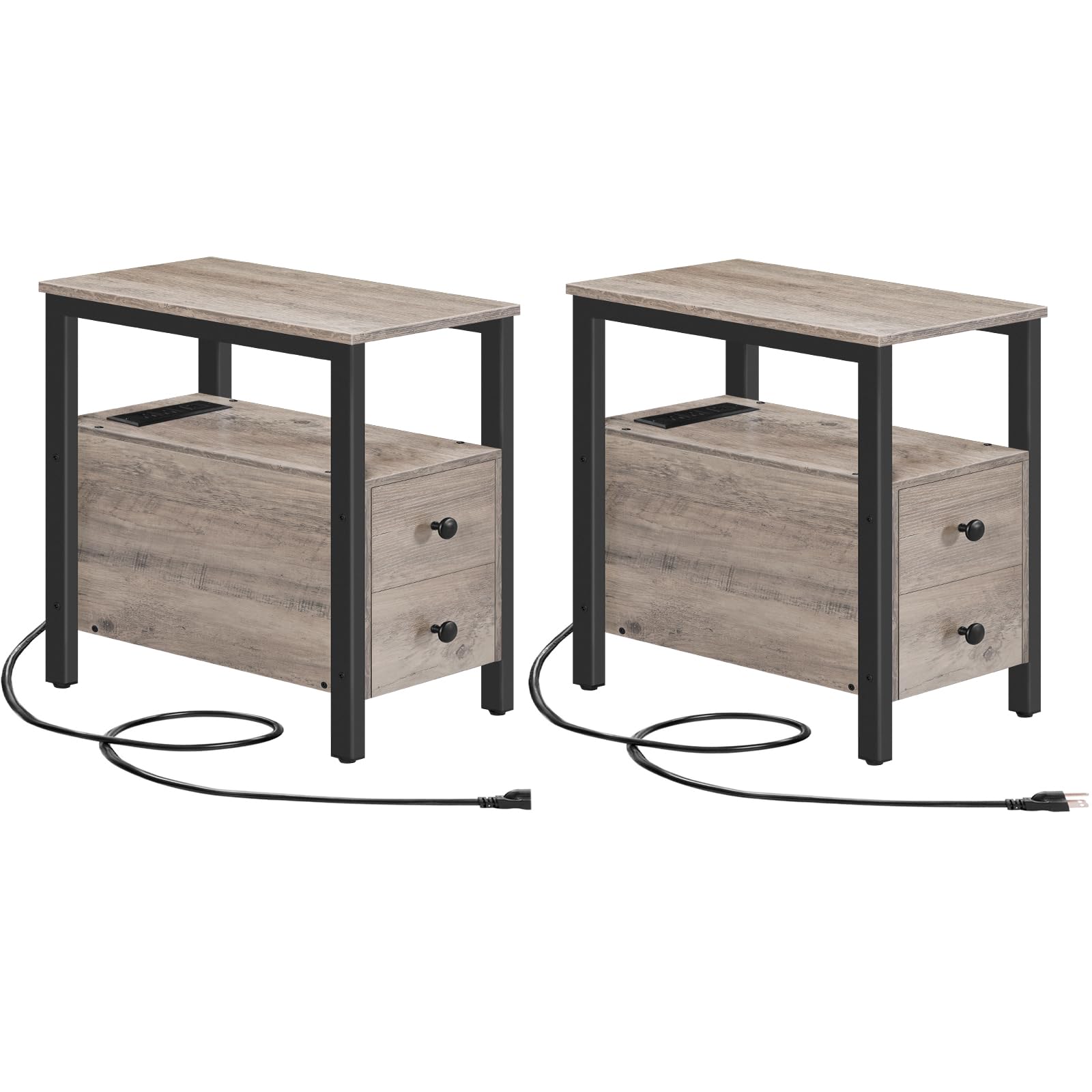 Two wooden nightstands with drawers and black metal frames on a white background.
