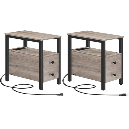 Two wooden nightstands with drawers and black metal frames on a white background.