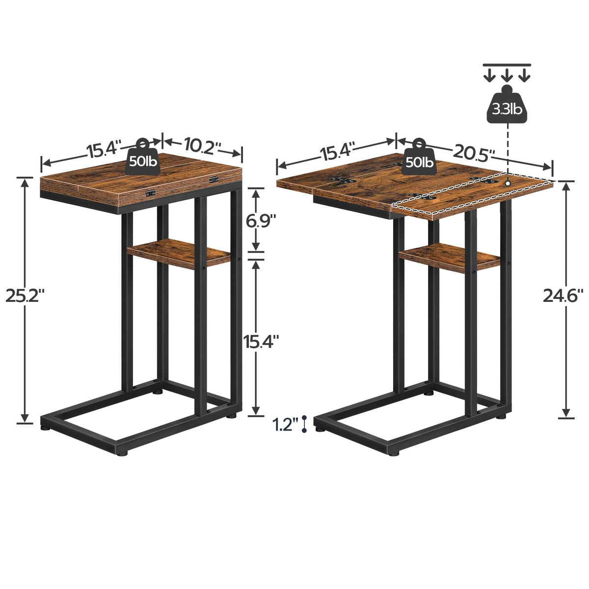 HOOBRO Foldable C Shaped End Table, C Shaped Side Table with Storage Shelf, Slide Under Couch Table for Sofa, Small Spaces, for Living Room, Bedroom, Easy Assembly, Rustic Brown BF29SF01