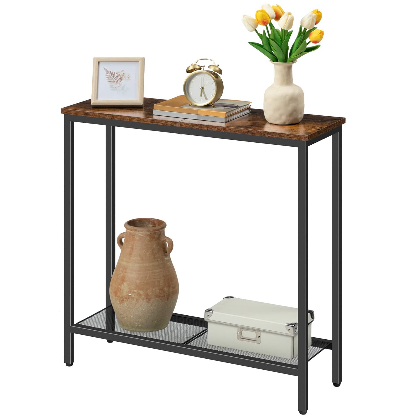 HOOBRO Retro Brown 29.5-inch Double-Layer Narrow Entryway Table with Shelves