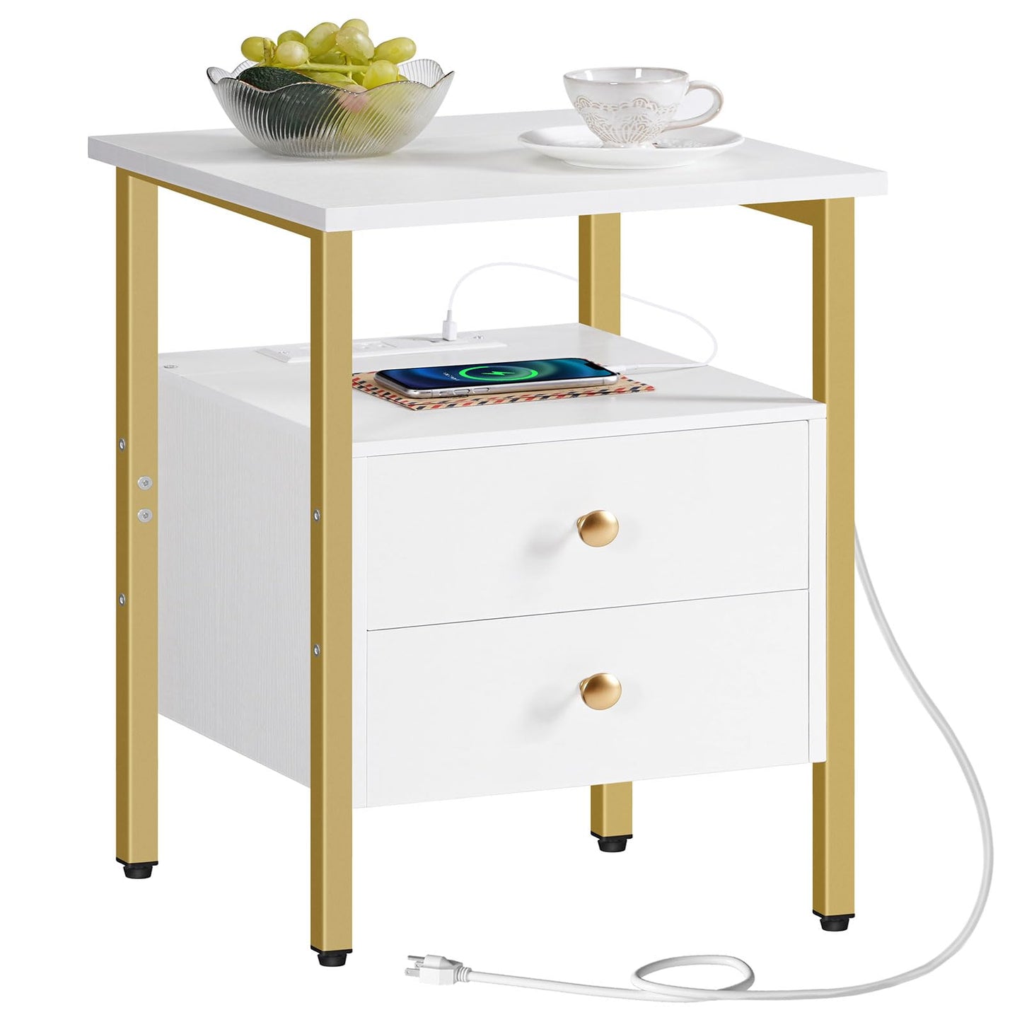 HOOBRO Side Table with Charging Station & 2 Drawers & USB Port & Type-C Port