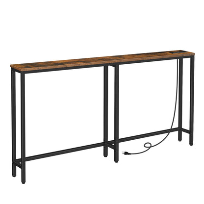 HOOBRO Brown 63-inch Narrow Console Table with Charging Station & 2 Power Outlets & USB Port