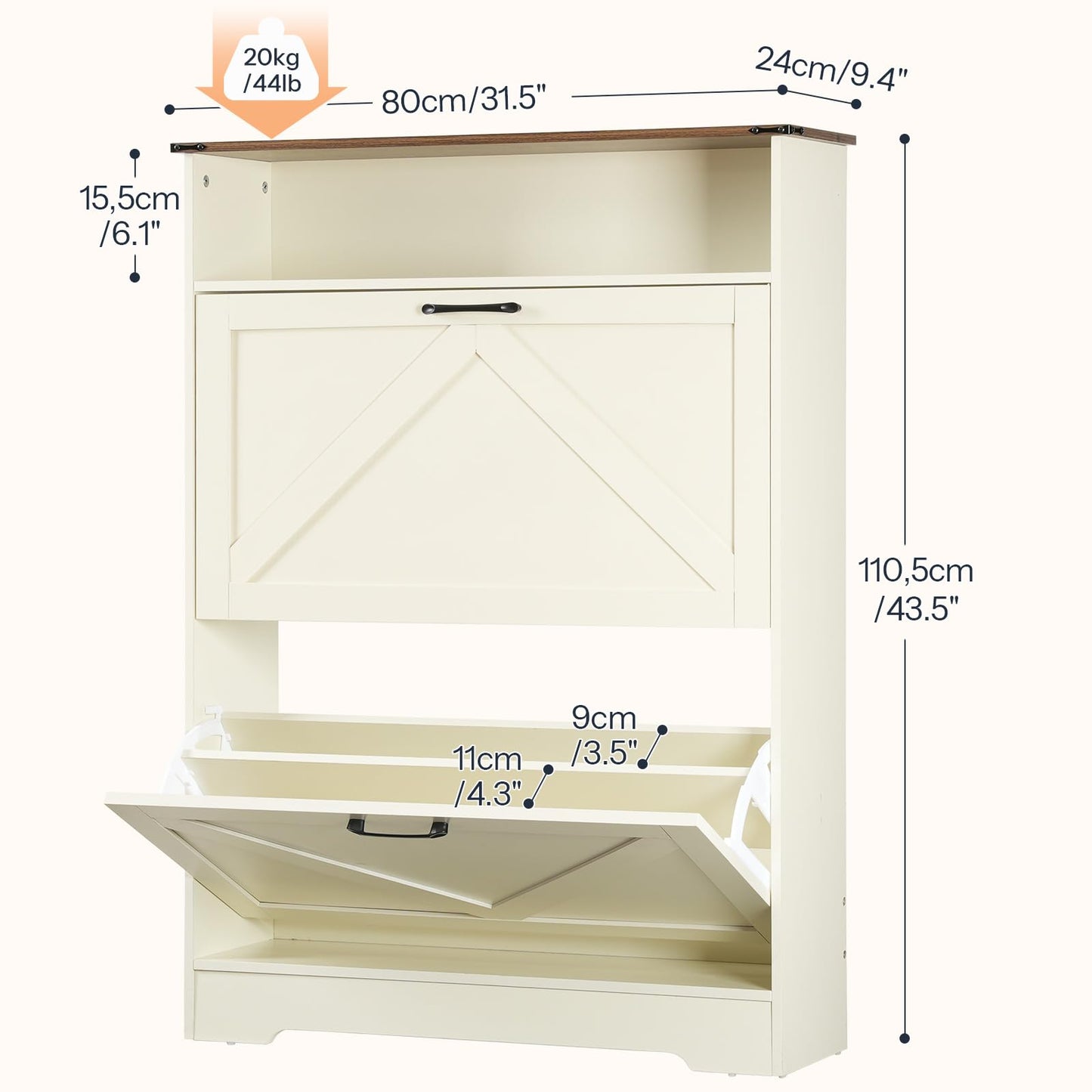 HOOBRO Warm White 31.5-inch Farmhouse Style Long Shoe Cabinet with 2 Flip-Top Drawers & Open Shelves & Adjustable Shelves