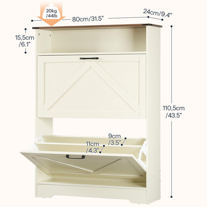 HOOBRO Warm White 31.5-inch Farmhouse Style Long Shoe Cabinet with 2 Flip-Top Drawers & Open Shelves & Adjustable Shelves