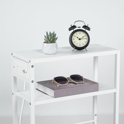 HOOBRO Small Narrow Side Table with Charging Station, Skinny End Table for Small Spaces, Slim Nightstand with USB Ports Outlet, Sofa Beside Table with Storage Shelf, White WT102UBZ01