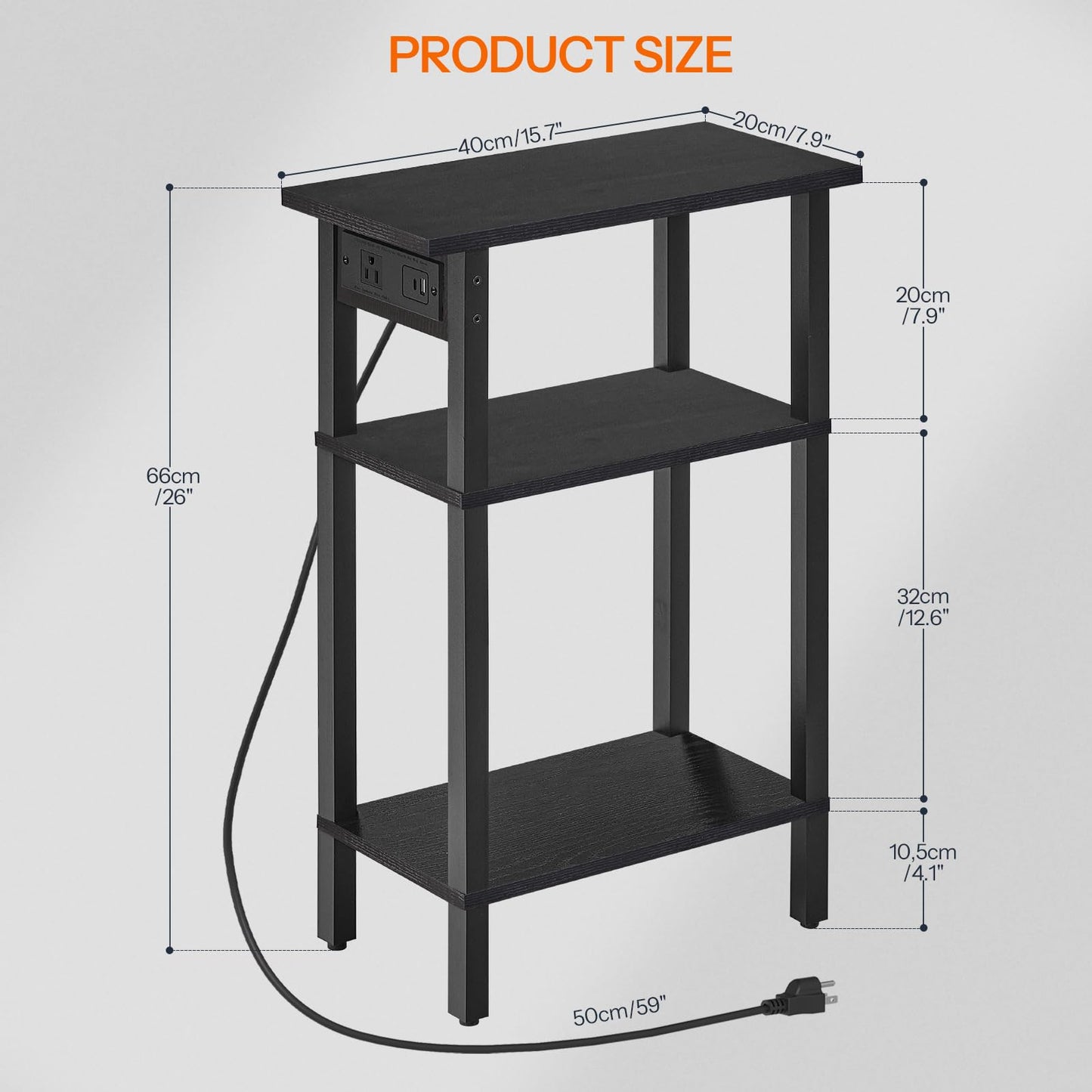 HOOBRO Narrow Side Table, 3-Tier Slim End Table with Charging Station, Skinny Nightstand with Open Storage, for Small Spaces, Living Room, Bedroom, Study, Rustic Brown and Black BB340UBZ01