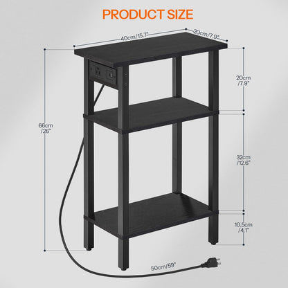 HOOBRO Narrow Side Table, 3-Tier Slim End Table with Charging Station, Skinny Nightstand with Open Storage, for Small Spaces, Living Room, Bedroom, Study, Rustic Brown and Black BB340UBZ01