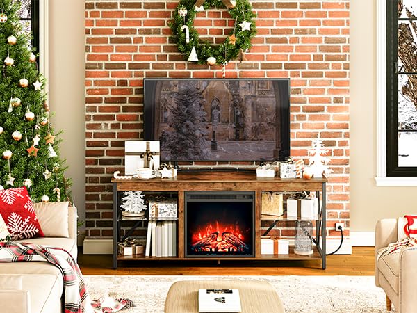 HOOBRO Vintage Brown Glass Shelf Fireplace TV Stand with Charging Station & LED Lights