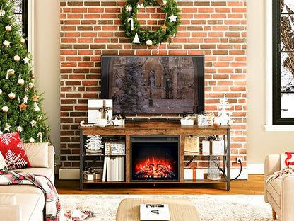 HOOBRO Vintage Brown Glass Shelf Fireplace TV Stand with Charging Station & LED Lights