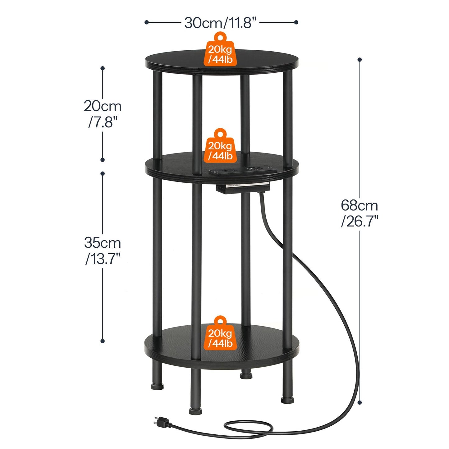 HOOBRO 3-Tier Small Round Side Table with Charging Station