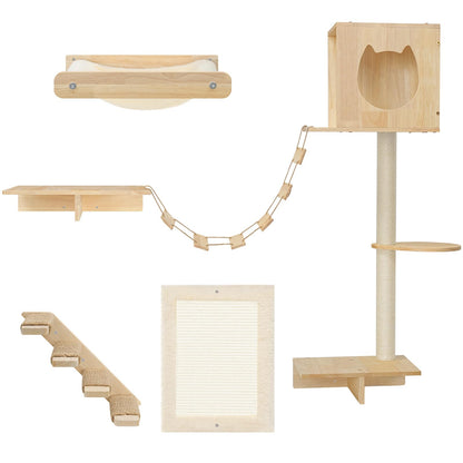 HOOBRO Natural 5-Piece Modern Cat Wall Furniture Set with Hallway & Plush Hammock & Steps & Scratching Post & Climbing Frame