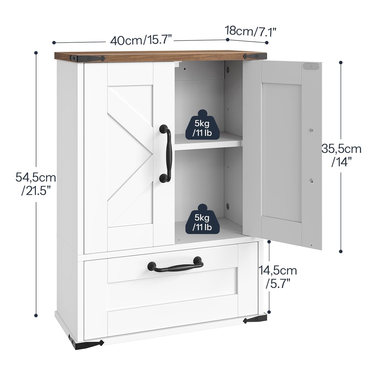 White storage cabinet with dimensions labeled on a white background