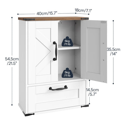 White storage cabinet with dimensions labeled on a white background