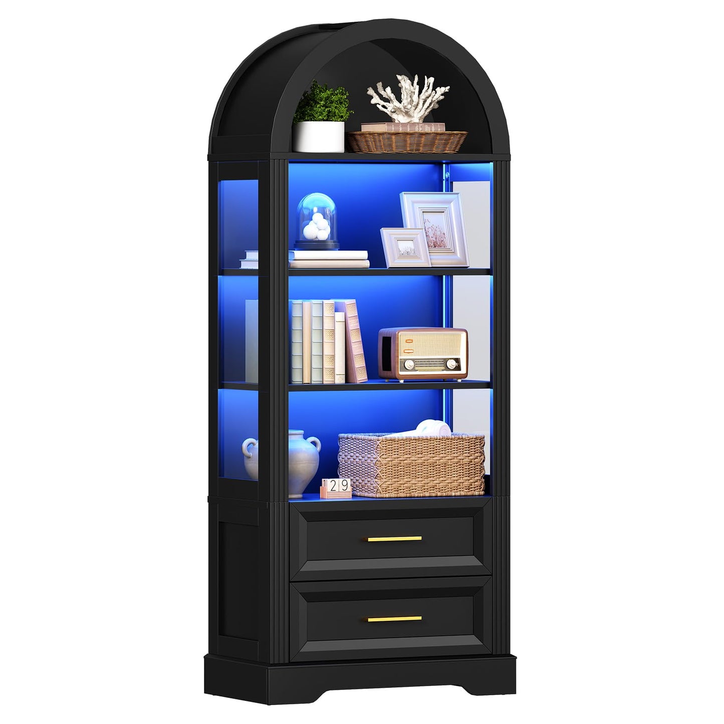 Black bookshelf with decorative items on a white background