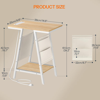 HOOBRO End Table, Skinny Side Table with Storage, Narrow Nightstand with Storage, Fabric Pockets, Narrow End Table for Small Spaces, Living Room, Bedroom, White and Natural WN426UBZ01